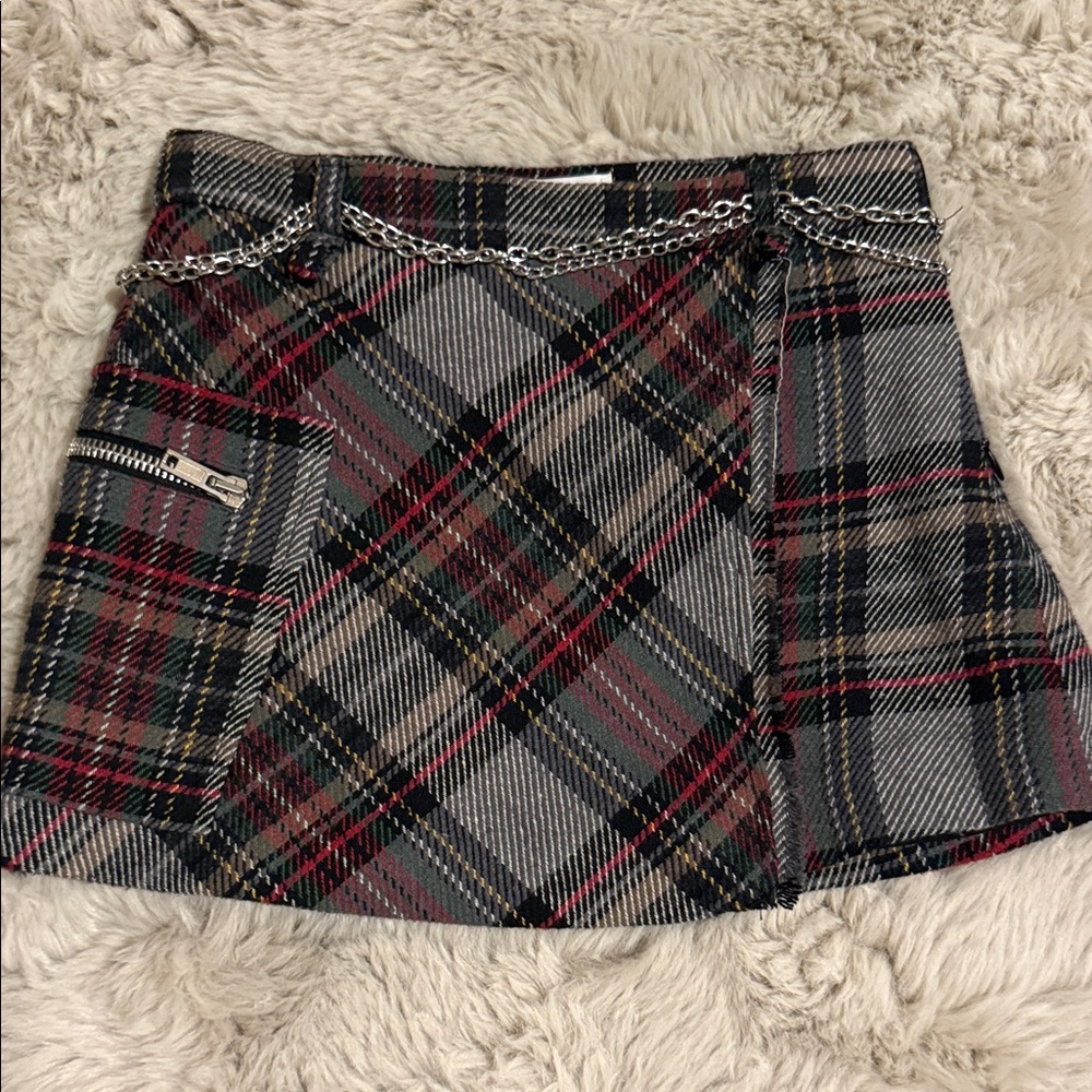 Zara Gray Plaid Skirt with Chain Detail